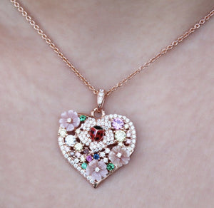Flower Heart Pendant Silver Necklace Available in Rose Gold Plate