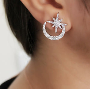 Moon and Star Silver Earrings With Zircon Stones