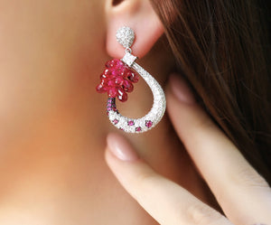 Silver Hoop With Red Crystal Earrings