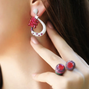 Silver Hoop With Red Crystal Earrings